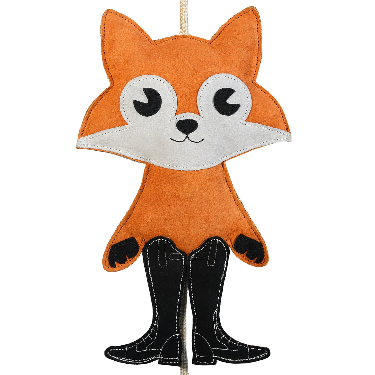 Close-up front view of the Wiskadero Fox Hunt toy showing the orange and white suede fox head with black eyes, black suede paws, sleek black English riding boots, and natural pull-through rope tail.
