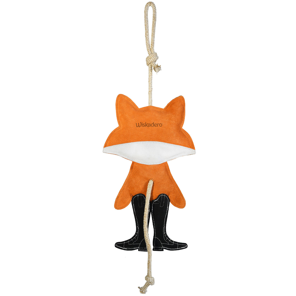 Full back view of the Wiskadero Fox Hunt equine boredom buster toy. Highlights the stamped Wiskadero logo on the orange and white suede fox head, sleek black English riding boots, pull-through natural rope tail, and top hanging loop.