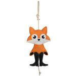 Full front view of the Wiskadero Fox Hunt equine boredom buster toy. Highlights the orange and white suede fox body, black suede paws, sleek black English riding boots, pull-through natural rope tail, and top hanging loop.