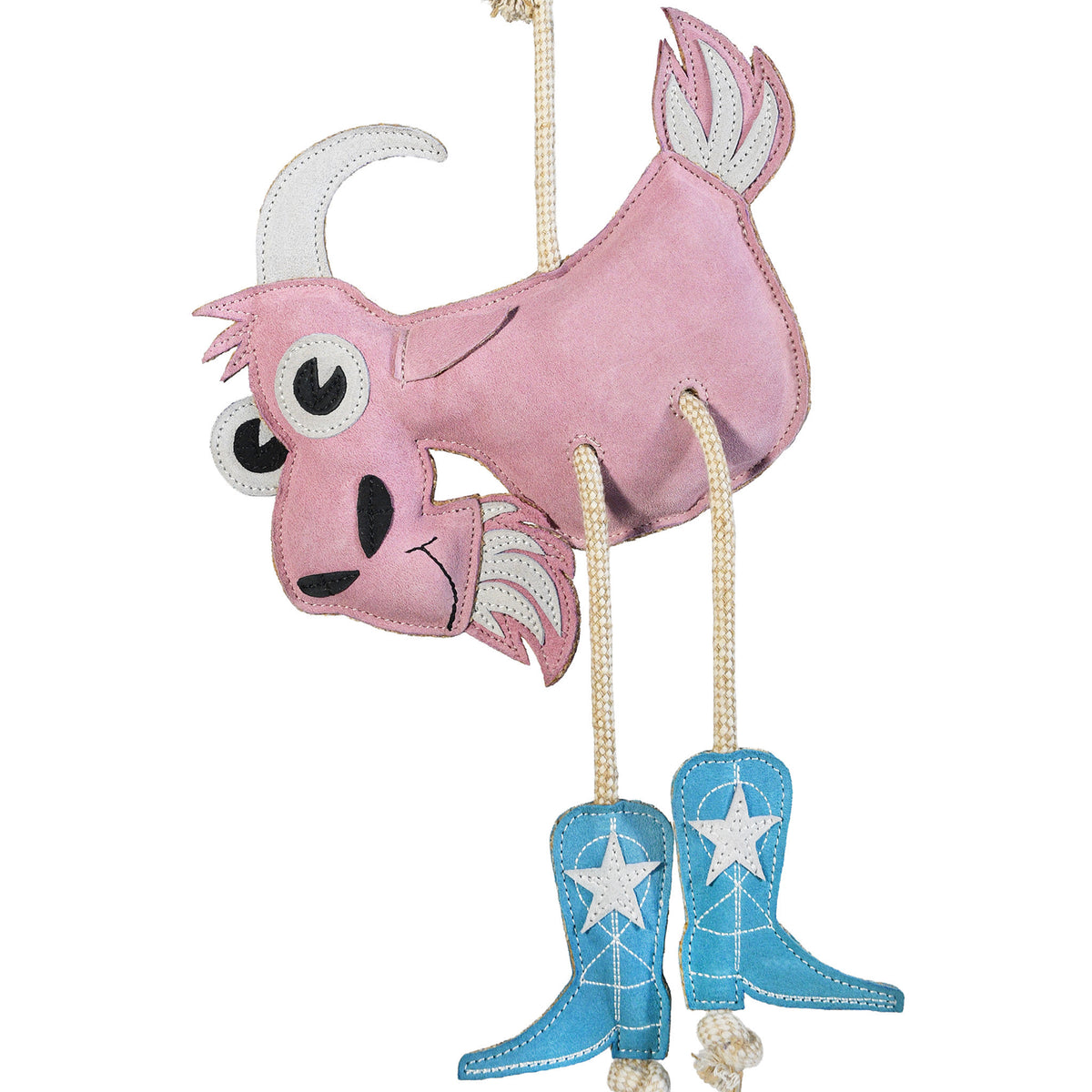 Close-up front view of the Wiskadero Get a Goat toy showing the pink suede goat body, gray horns, white suede eyes, pull-through natural rope legs, and turquoise suede cowboy boots with embroidered white stars.