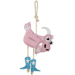 Full back view of the Wiskadero Get a Goat equine boredom buster toy. Highlights the stamped Wiskadero logo on the pink suede goat body, gray horns and beard, turquoise suede cowboy boots with embroidered white stars, and natural rope pull-through legs and top hanging loop.