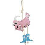 Full front view of the Wiskadero Get a Goat equine boredom buster toy. Highlights the pink suede goat body with gray horns and beard, turquoise suede cowboy boots with embroidered white stars, and natural rope pull-through legs and top hanging loop.