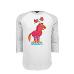 A 3/4 sleeve raglan t-shirt with a white body and heather gray sleeves, featuring a colorful graphic of a pony with the signature Halo and Horns heart graphics above its head and the word 'Wiskadero' printed below in blue, shown against a plain white background.