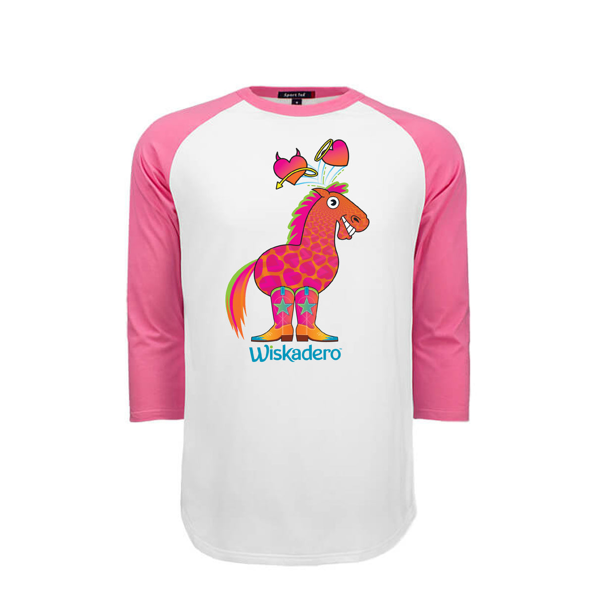 A 3/4 sleeve raglan t-shirt with a white body and pink sleeves, featuring a colorful graphic of a pony with the signature Halo and Horns heart graphics above its head and the word 'Wiskadero' printed below in blue, shown against a plain white background.