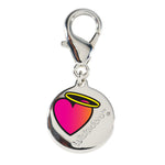 Back view of the Wiskadero Halo and Horns bridle charm showing a round silver-toned medallion with an enameled gradient pink heart, yellow angel halo, engraved Wiskadero logo, a clear faceted cubic zirconia accent stone set below the TM mark, and a top lobster clasp.