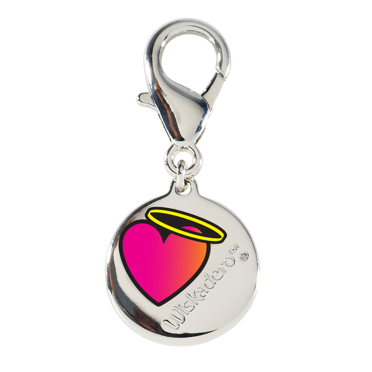 Back view of the Wiskadero Halo and Horns bridle charm showing a round silver-toned medallion with an enameled gradient pink heart, yellow angel halo, engraved Wiskadero logo, a clear faceted cubic zirconia accent stone set below the TM mark, and a top lobster clasp.