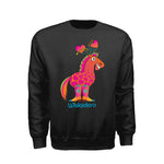 A heather black crewneck sweatshirt featuring a colorful graphic of a pony with the signature Halo and Horns heart graphics above its head and the word 'Wiskadero' printed below in blue, shown against a plain white background.