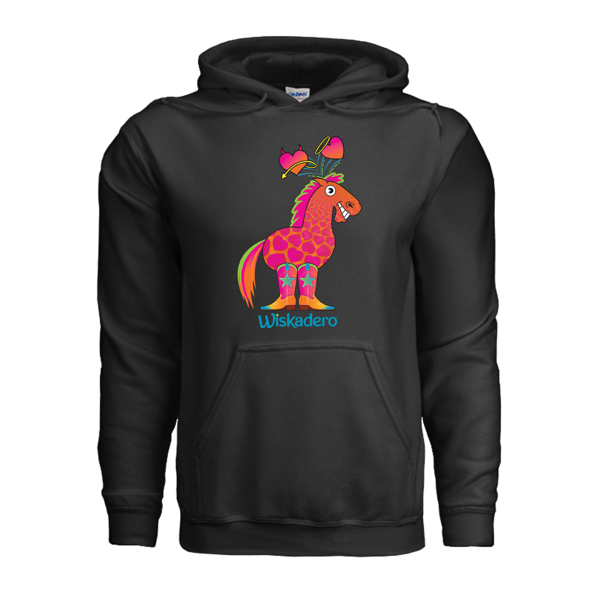 A heather black hoodie sweatshirt featuring a colorful graphic of a pony with the signature Halo and Horns heart graphics above its head and the word 'Wiskadero' printed below in blue, shown against a plain white background.