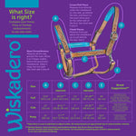 Wiskadero halter sizing chart diagram showing visual reference for measurement points. Chart information can also be found in tab of additional size information under size guide icon for text only of visual chart.