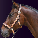 Left side profile of a bay horse wearing the Wiskadero Halo and Horns padded leather halter in tan saddle leather with deep eggplant purple padding and polished chrome hardware against a dark purple background.