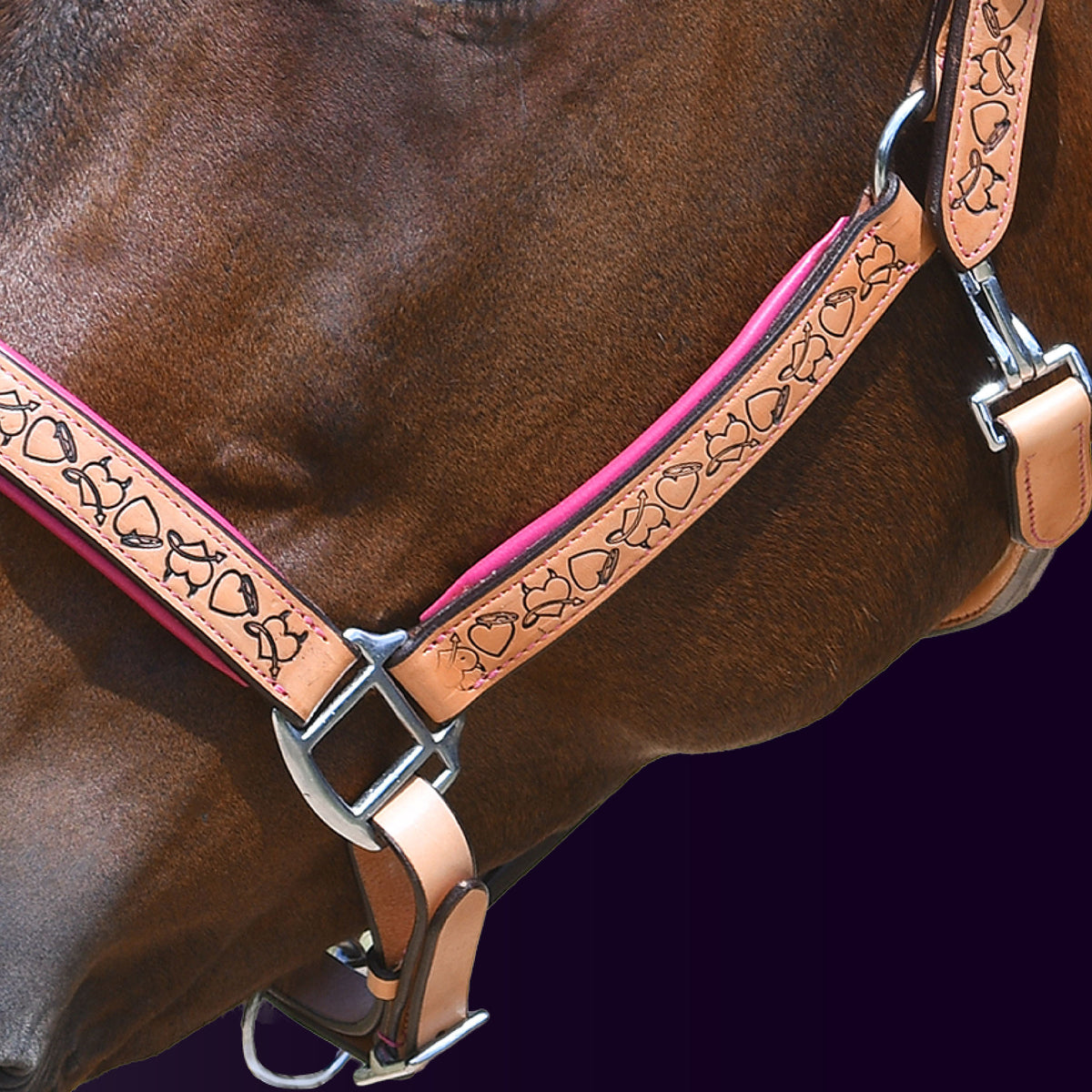 Close-up detail view of the left side of a bay horse wearing the Wiskadero Halo and Horns padded halter, showing the deeply tooled halo, horn, and heart motifs on tan saddle leather, vibrant raspberry/pink padded lining, and polished chrome hardware against a dark purple background.