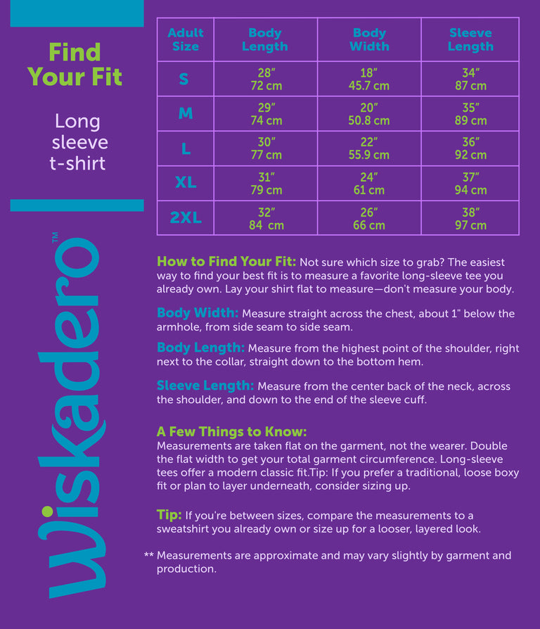 Size chart for Wiskadero Long Sleeve T-Shirt showing Body Length, Body Width, and Sleeve Length measurements for sizes XS through 2XL in inches and centimeters, along with fit and measuring guidelines.