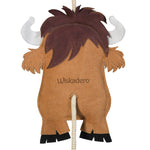 Close-up back view of the Wiskadero Mini High toy showing the brown and tan suede Highland cow body stamped with the Wiskadero logo, shaggy dark brown fringe, white suede horns, black hooves, and pull-through natural rope tail.