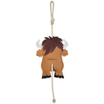 Full back view of the Wiskadero Mini High equine boredom buster toy. Highlights the stamped Wiskadero logo on the brown and tan suede Highland cow body, shaggy dark brown fringe, white horns, black hooves, pull-through natural rope tail, and top hanging loop.