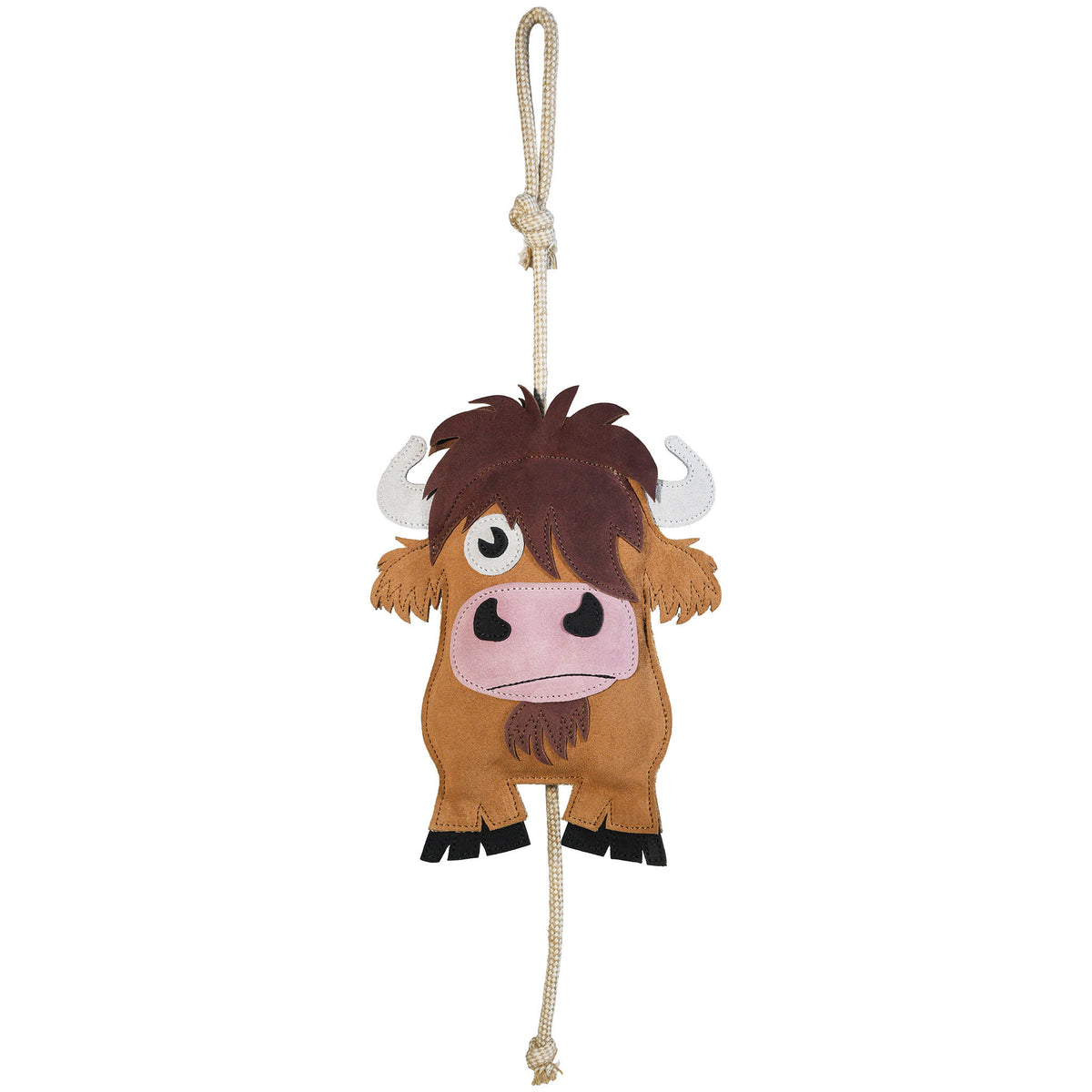 Full front view of the Wiskadero Mini High equine boredom buster toy. Highlights the brown and tan suede Highland cow body with a shaggy dark brown fringe, white horns, pink snout, black hooves, pull-through natural rope tail, and top hanging loop.