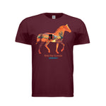 A maroon short-sleeve crewneck t-shirt featuring a graphic of a horse silhouette filled with a desert landscape scene, with the text 'Ride the Outside' and 'Wakadara' printed below it.