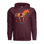 A maroon pullover hoodie sweatshirt with a graphic of a horse silhouette filled with an orange desert landscape and the text 'Ride the Outside WildWest' printed on the chest, shown against a plain white background.