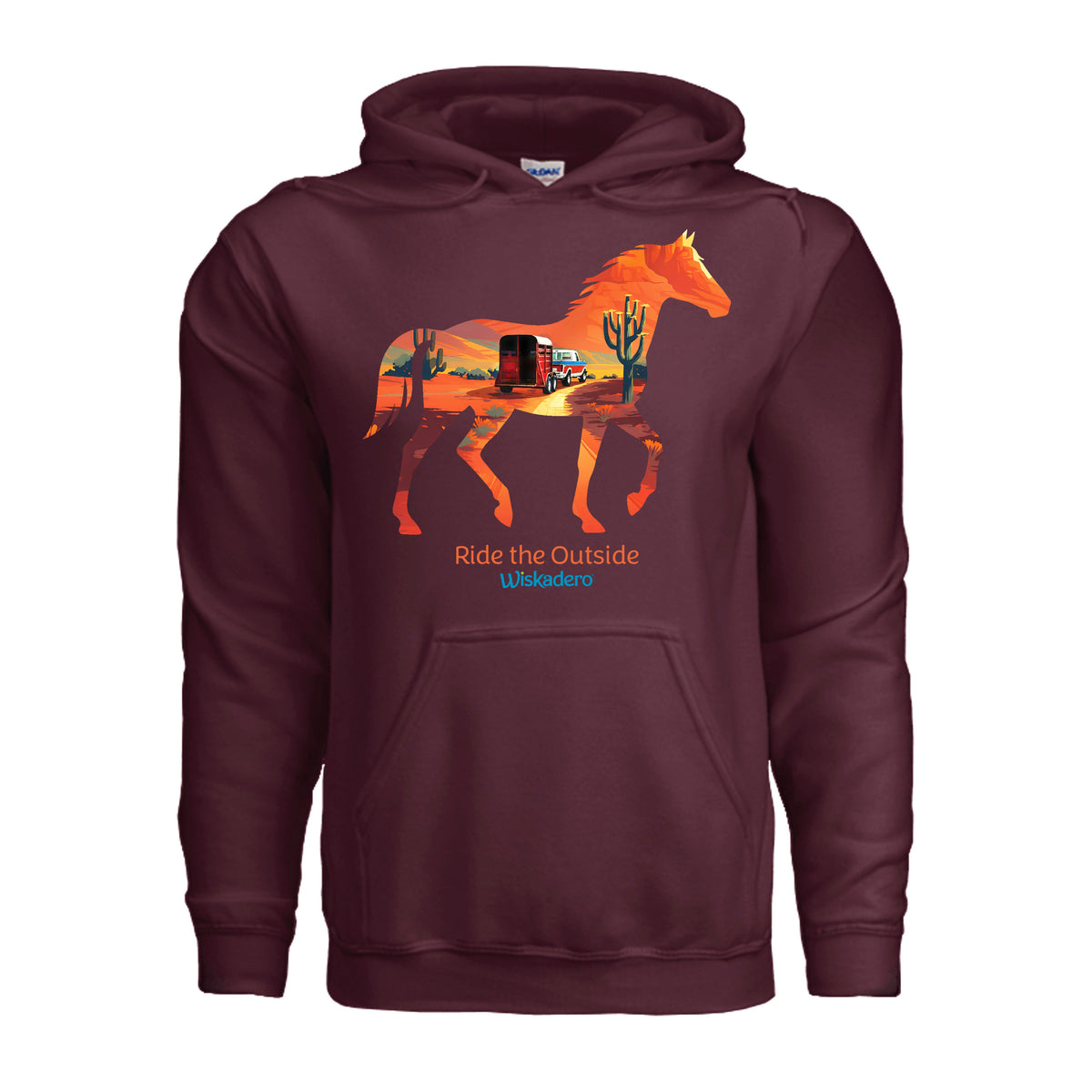A maroon pullover hoodie sweatshirt with a graphic of a horse silhouette filled with an orange desert landscape and the text 'Ride the Outside WildWest' printed on the chest, shown against a plain white background.