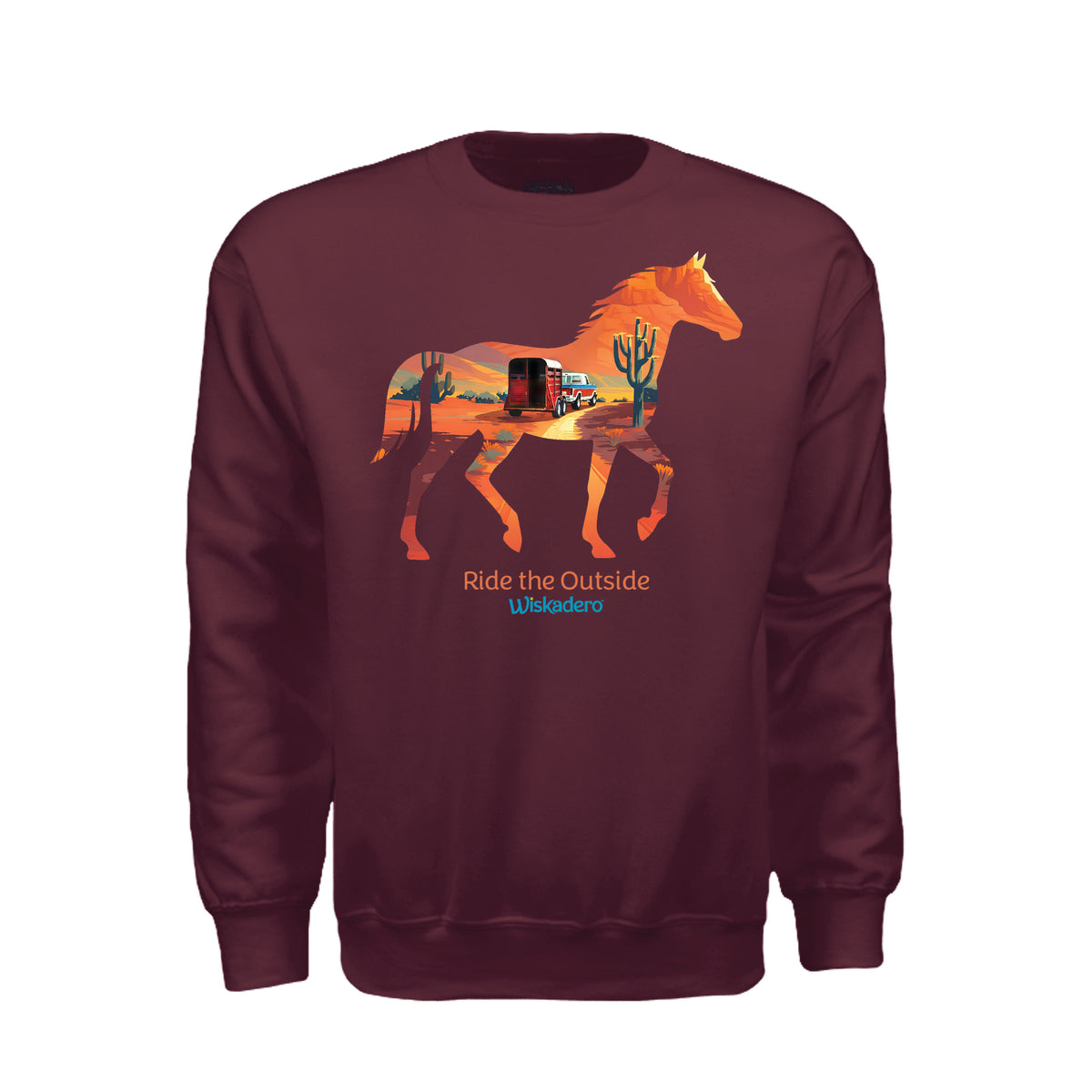 A maroon pullover crewneck sweatshirt with a graphic of a horse silhouette filled with an orange desert landscape and the text 'Ride the Outside WildWest' printed on the chest, shown against a plain white background.