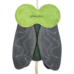 Enlarged back view of the Wiskadero Shoofly equine boredom buster toy. Showcases the stamped Wiskadero logo on the lime green suede head piece, light gray suede wings with decorative white stitching, and a dark green suede body.