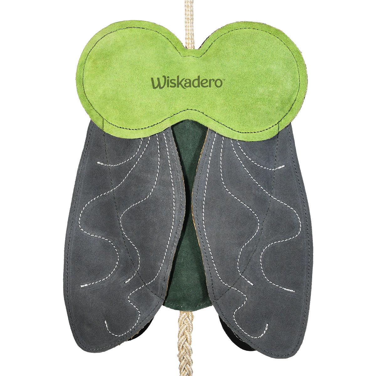 Enlarged back view of the Wiskadero Shoofly equine boredom buster toy. Showcases the stamped Wiskadero logo on the lime green suede head piece, light gray suede wings with decorative white stitching, and a dark green suede body.