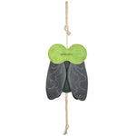 Full back view of the Wiskadero Shoofly equine boredom buster toy. Highlights the bright green suede head stamped with the Wiskadero logo, dark gray suede wings with white accent stitching, and top/bottom natural jute rope attachments.