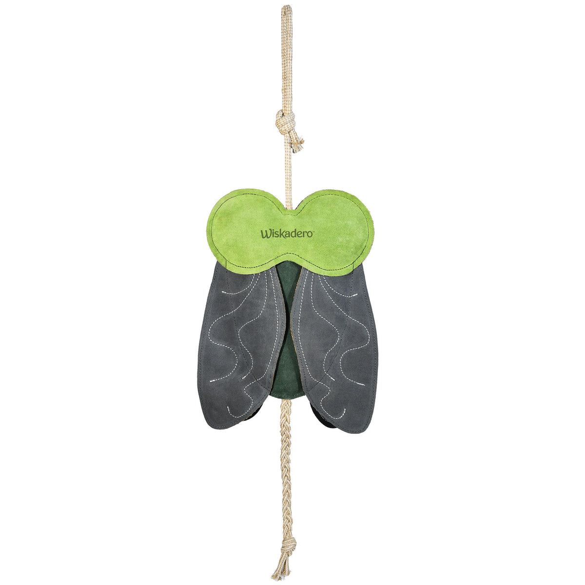 Full back view of the Wiskadero Shoofly equine boredom buster toy. Highlights the bright green suede head stamped with the Wiskadero logo, dark gray suede wings with white accent stitching, and top/bottom natural jute rope attachments.