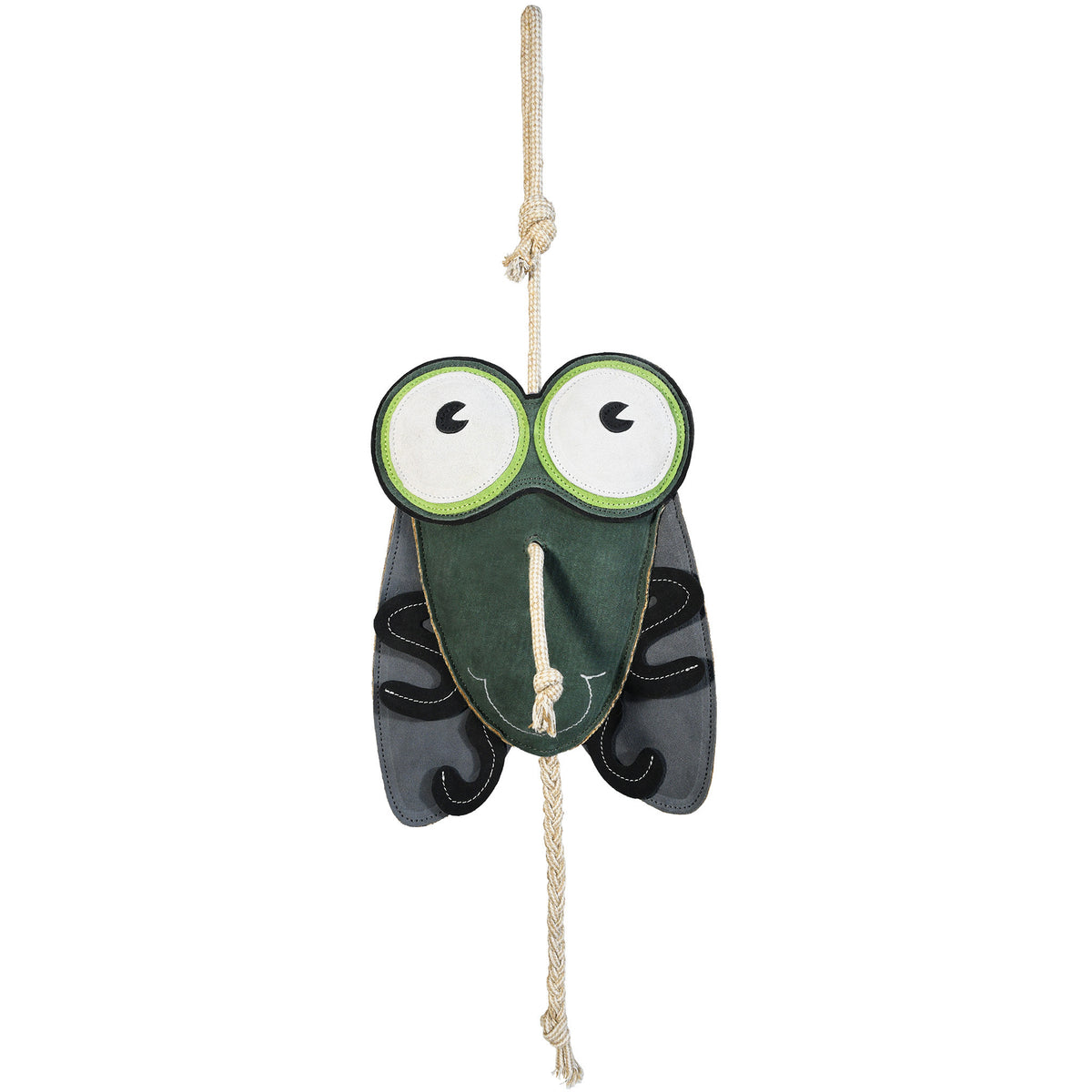 Wiskadero Shoofly equine boredom buster toy in full front view. Features a fly-shaped dark green and black suede body with oversized cartoon eyes in white and green, plus a natural rope hanging loop at the top and rope tail at the bottom.