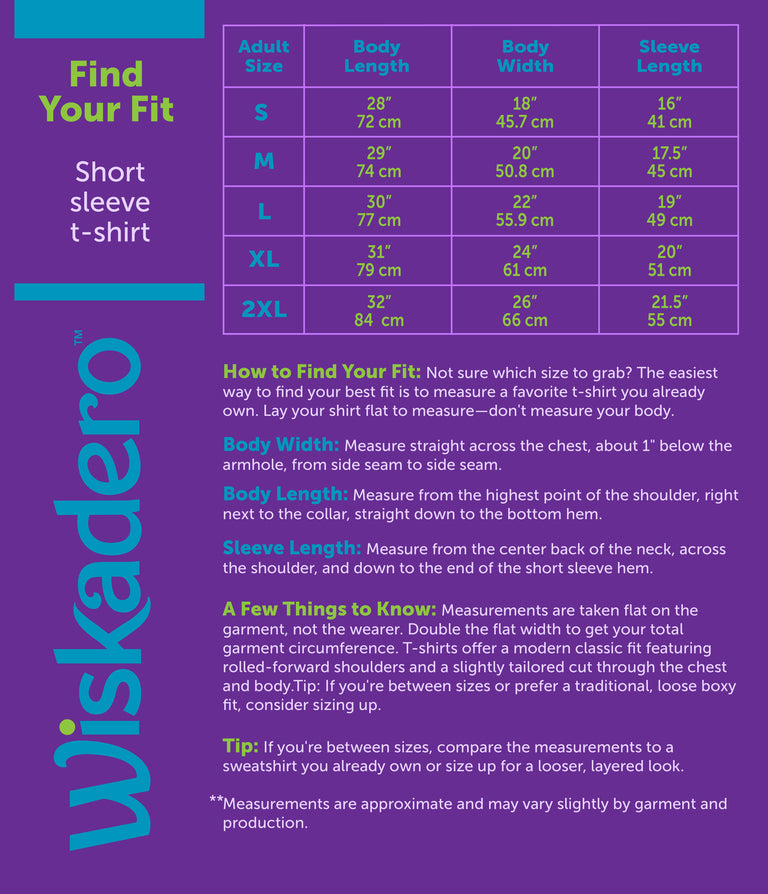 Size chart for Wiskadero Short Sleeve T-Shirt showing Body Length, Body Width, and Sleeve Length measurements for sizes XS through 2XL in inches and centimeters, along with fit and measuring guidelines.