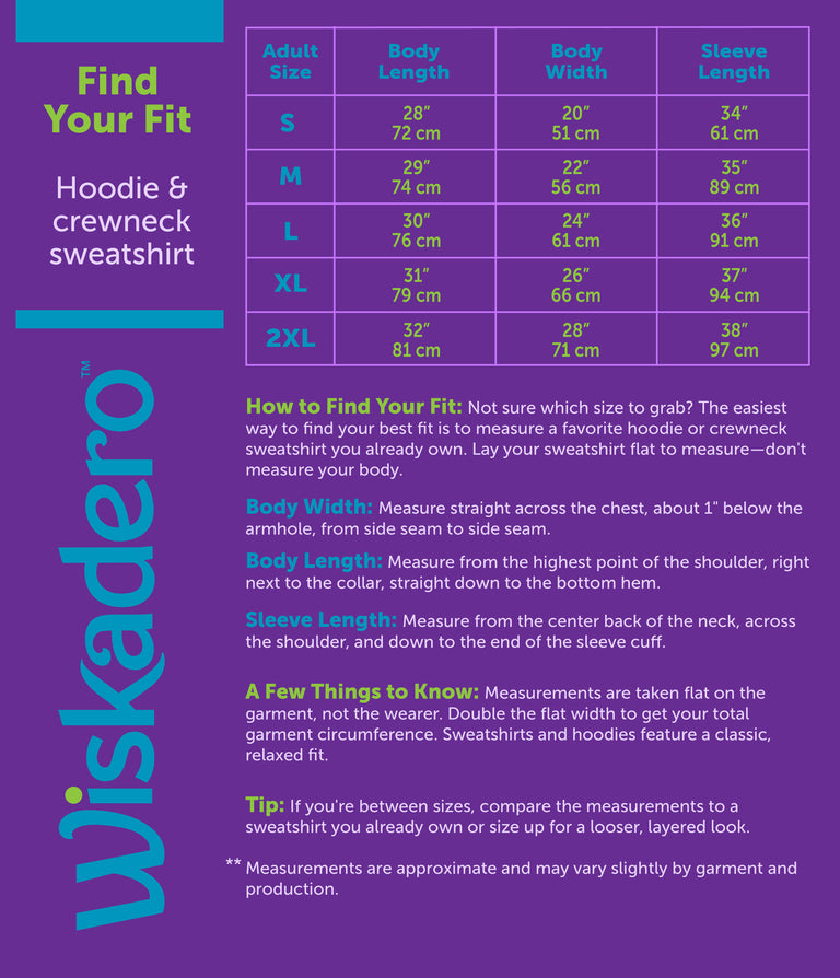 Size chart for Wiskadero Sweatshirt showing Body Length, Body Width, and Sleeve Length measurements for sizes XS through 2XL in inches and centimeters, along with fit and measuring guidelines.