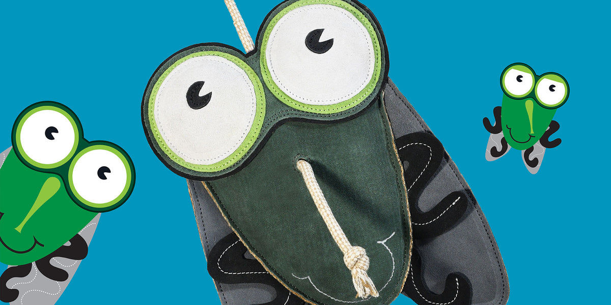 A whimsical fly-themed equine boredom buster toy, Shoofly, featuring a large embroidered green fly with white eyes and a rope nose, alongside smaller matching shoofly graphics on a Turquoise background.