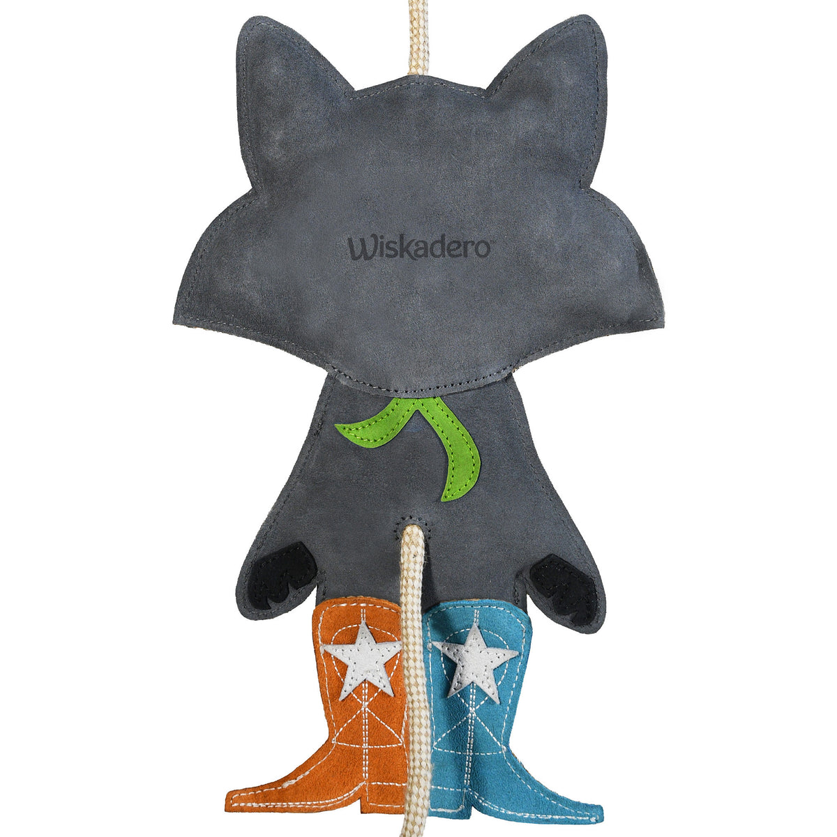 Close-up back view of the Wiskadero Trash Panda toy showing the gray suede body stamped with the Wiskadero logo, lime green bandana tie, pull-through natural rope tail, and mismatched orange and turquoise suede cowboy boots with embroidered white stars.