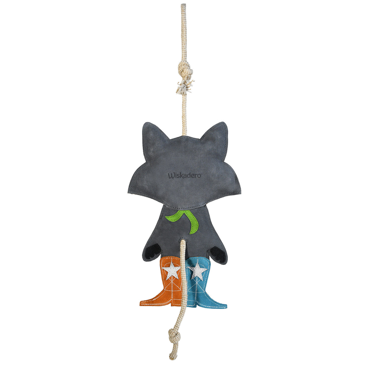 Full back view of the Wiskadero Trash Panda equine boredom buster toy. Highlights the stamped Wiskadero logo on the gray suede raccoon body, lime green bandana tie, natural rope tail, mismatched orange and turquoise suede cowboy boots with embroidered white stars, and top hanging loop.