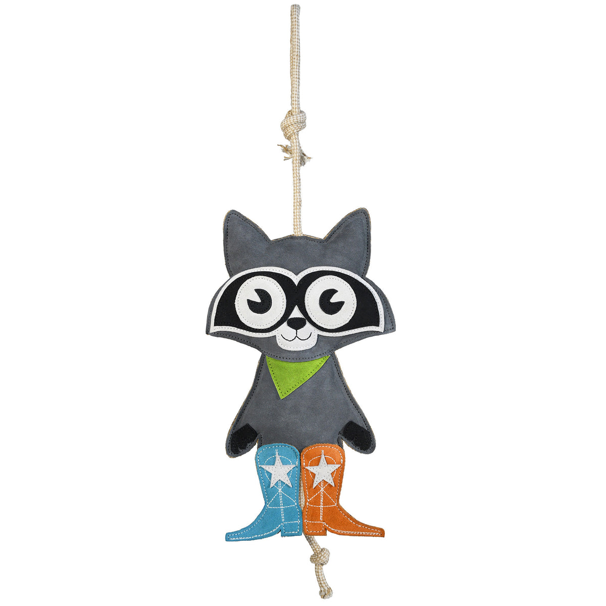 Full front view of the Wiskadero Trash Panda equine boredom buster toy. Highlights the gray suede raccoon body with a black eye mask, bright green bandana, mismatched turquoise and orange cowboy boots with white embroidered stars, and natural pull-through rope tail with a top hanging loop.