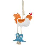 Full back view of the Wiskadero What the Cluck toy featuring an orange stamped Wiskadero logo on the white suede chicken body, red comb and wattle, pull-through natural rope legs, and turquoise suede cowboy boots with embroidered white stars.