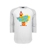 A 3/4 sleeve raglan t-shirt with a white body and heather gray sleeves, featuring a colorful graphic of a cartoon chicken in cowboy boots with the text 'What the Cluck! Wiskadero'.