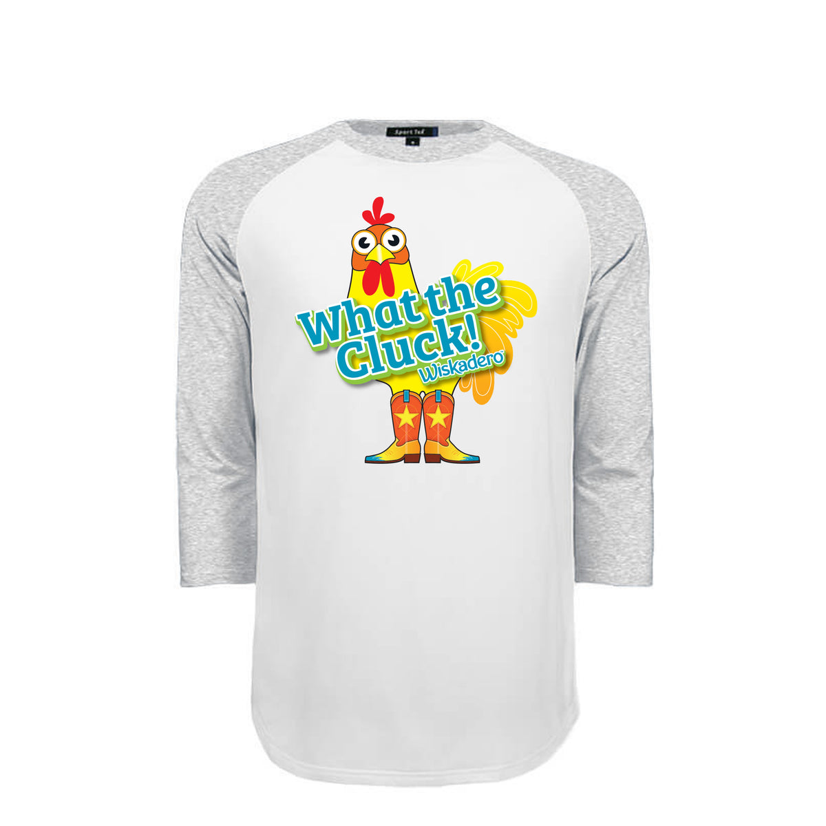 A 3/4 sleeve raglan t-shirt with a white body and heather gray sleeves, featuring a colorful graphic of a cartoon chicken in cowboy boots with the text 'What the Cluck! Wiskadero'.