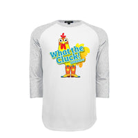 A 3/4 sleeve raglan t-shirt with a white body and heather gray sleeves, featuring a colorful graphic of a cartoon chicken in cowboy boots with the text 'What the Cluck! Wiskadero'.