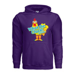 Front of Purple Hoodie pull-over with What the Cluck! WIskadero turquoise type in front of a yellow Chicken wearing cowboy boots in shades of yellow, orange and turquoise .