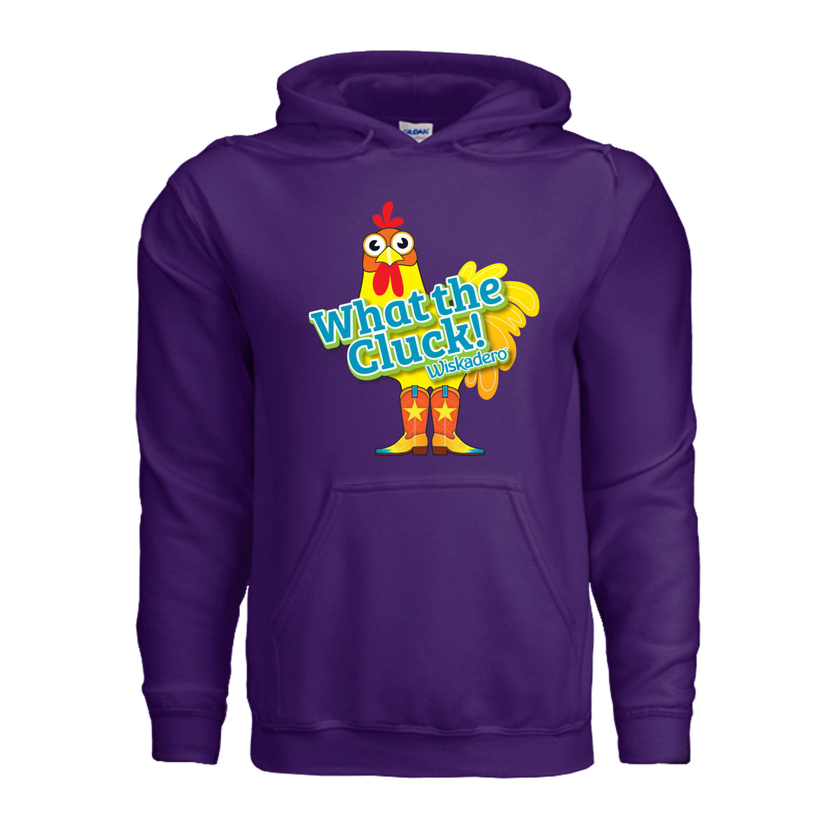 Front of Purple Hoodie pull-over with What the Cluck! WIskadero turquoise type in front of a yellow Chicken wearing cowboy boots in shades of yellow, orange and turquoise .