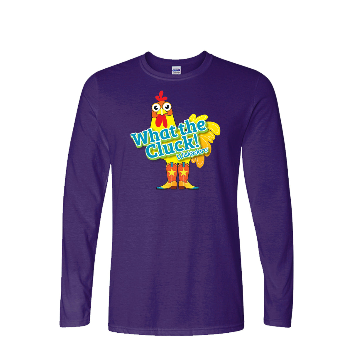 Front of Purple long sleeve T-shirt with What the Cluck! WIskadero turquoise type in front of a yellow Chicken wearing cowboy boots in shades of yellow, orange and turquoise.