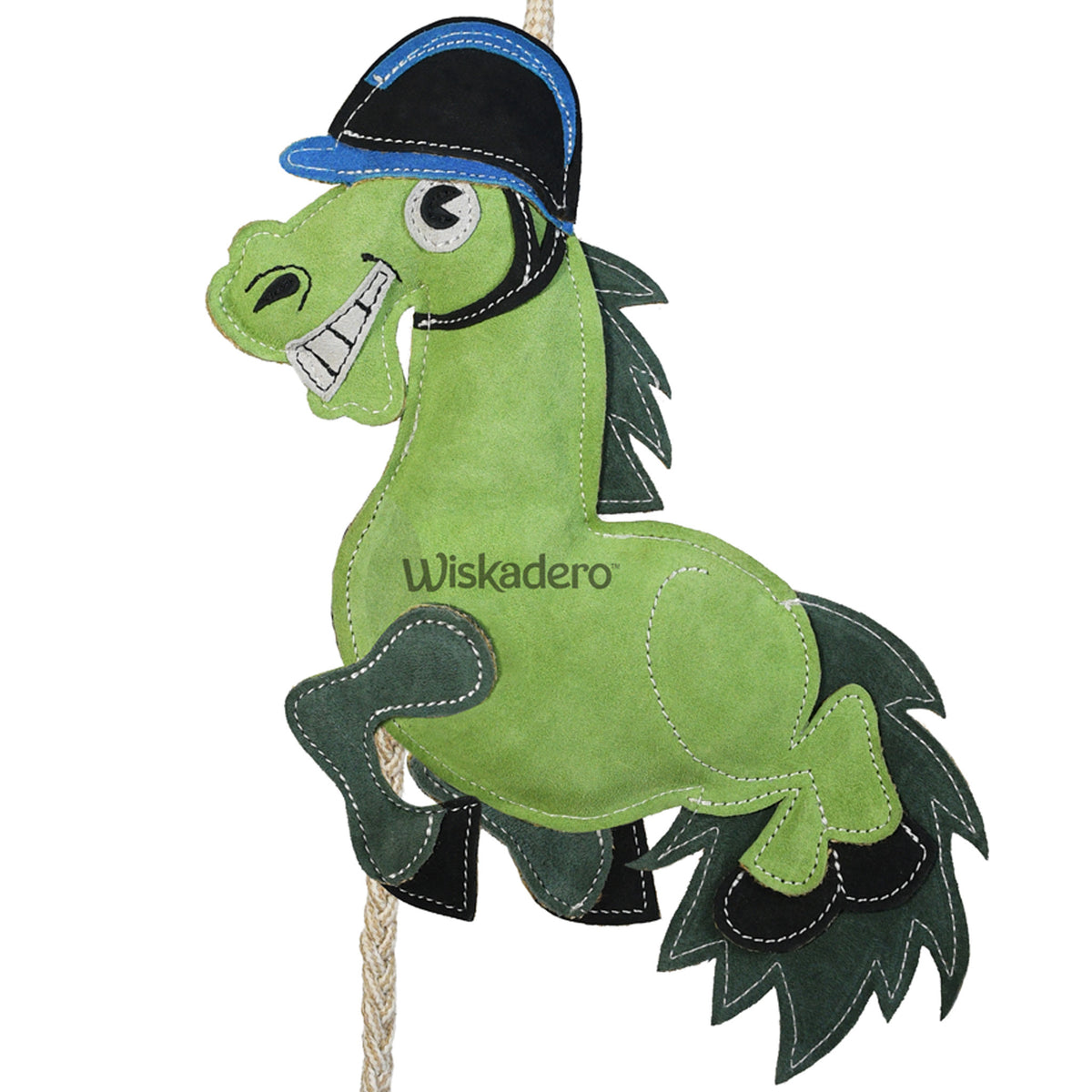 Close-up back view of the Wiskadero Baby Green toy showing the green suede colt stamped with the Wiskadero logo, wearing a black and blue riding helmet, white suede eyes, dark green stitched mane, black hooves, and braided natural pull-through braided rope.