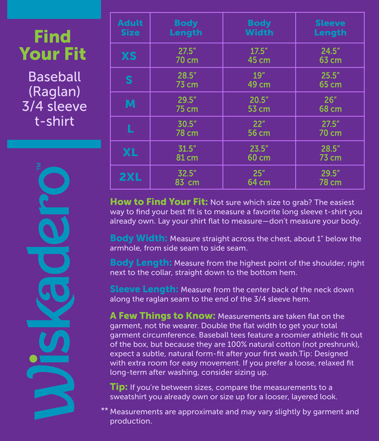 Size chart for Wiskadero Baseball Raglan 3/4 Sleeve T-Shirt showing Body Length, Body Width, and Sleeve Length measurements for sizes XS through 2XL in inches and centimeters, along with fit and measuring guidelines.