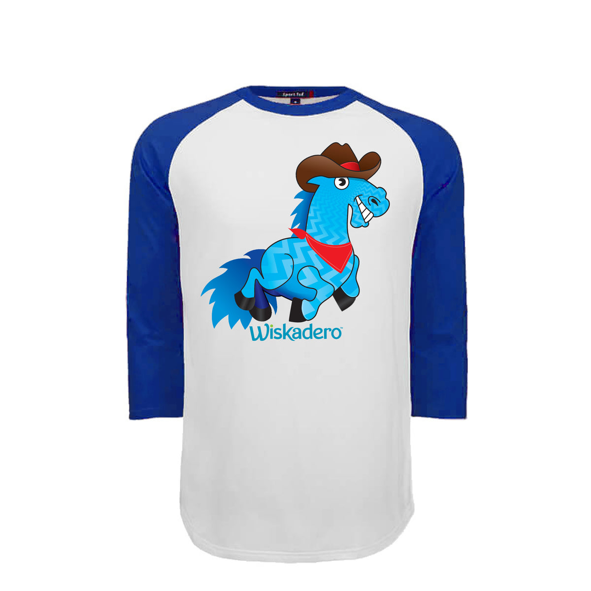 Photo of 3/4 sleeve raglan baseball t-shirt with a white body and royal blue sleeves, featuring a cartoon graphic of a blue horse wearing a cowboy hat and a red bandanna with the text 'Wiskadero' printed below it.