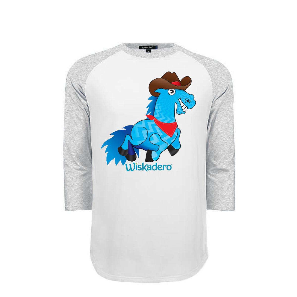 Photo of 3/4 sleeve raglan baseball t-shirt with a white body and gray sleeves, featuring a cartoon graphic of a blue horse wearing a cowboy hat and a red bandanna with the text 'Wiskadero' printed below it.