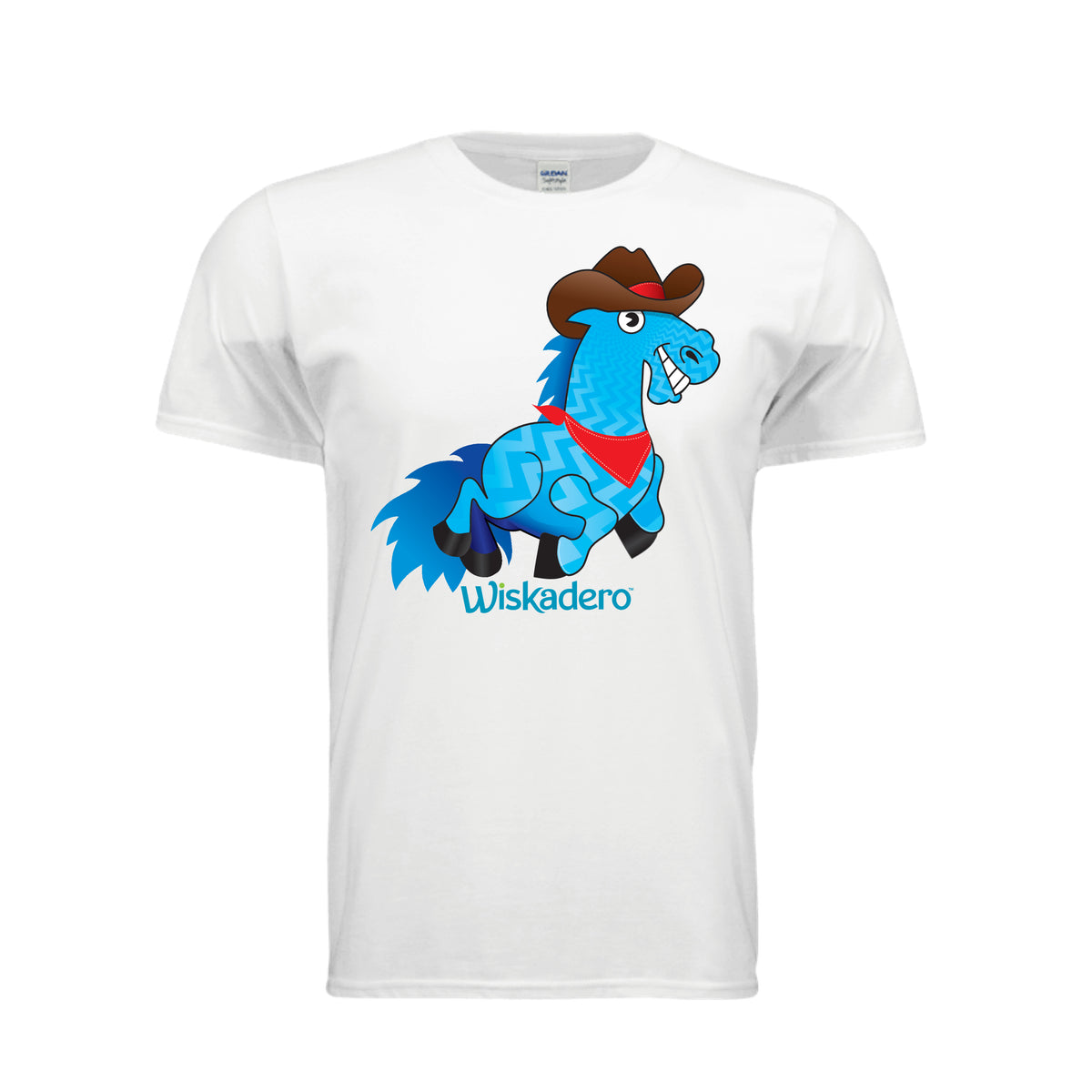 A white long short-sleeve crewneck t-shirt featuring a colorful graphic of a blue cartoon horse wearing a brown cowboy hat and red bandana, with the text 'Wiskadero' printed below.