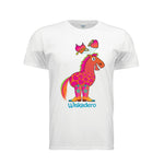 Short sleeve white t-shirt with a white body and pink sleeves, featuring a colorful graphic of a pony with the signature Halo and Horns heart graphics above its head and the word 'Wiskadero' printed below in blue, shown against a plain white background.