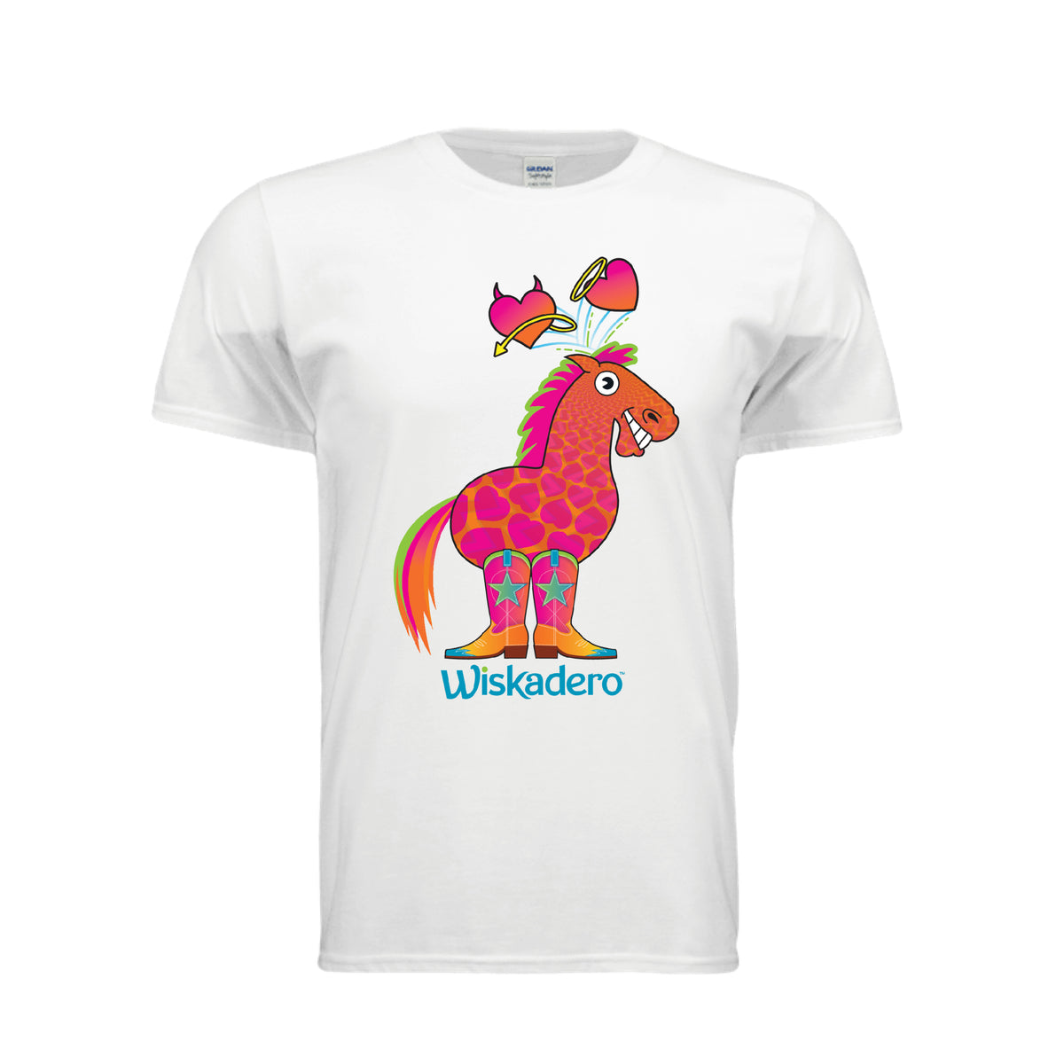 Short sleeve white t-shirt with a white body and pink sleeves, featuring a colorful graphic of a pony with the signature Halo and Horns heart graphics above its head and the word 'Wiskadero' printed below in blue, shown against a plain white background.