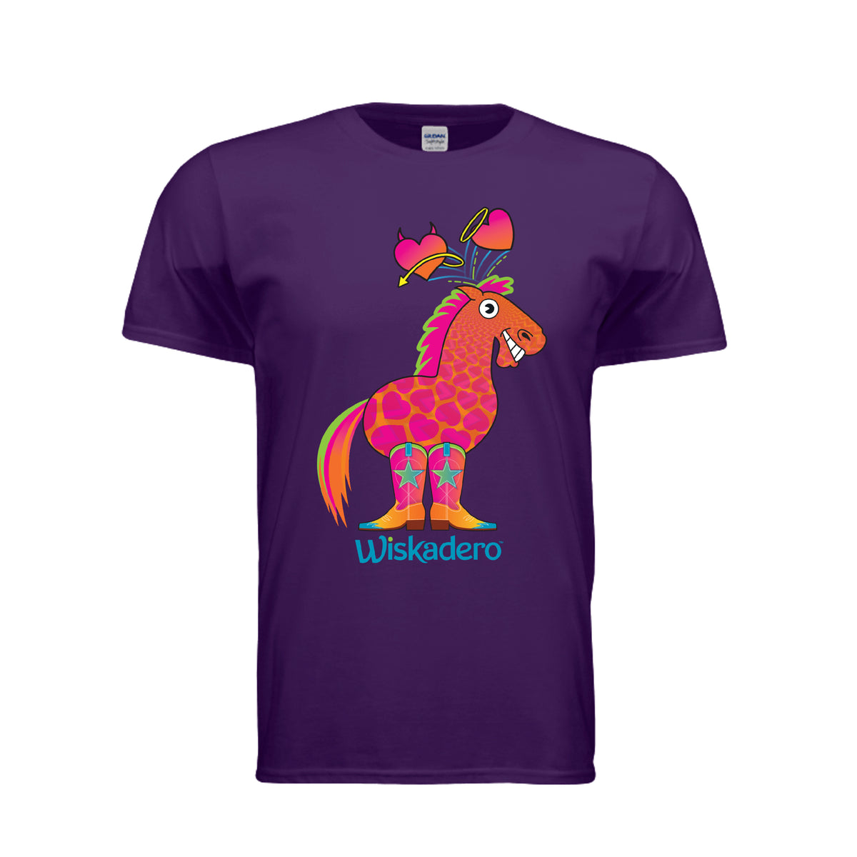 Short sleeve purple t-shirt with a white body and pink sleeves, featuring a colorful graphic of a pony with the signature Halo and Horns heart graphics above its head and the word 'Wiskadero' printed below in blue, shown against a plain white background.ndm:2104285
