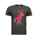 Short sleeve heather gray t-shirt with a white body and pink sleeves, featuring a colorful graphic of a pony with the signature Halo and Horns heart graphics above its head and the word 'Wiskadero' printed below in blue, shown against a plain white background.